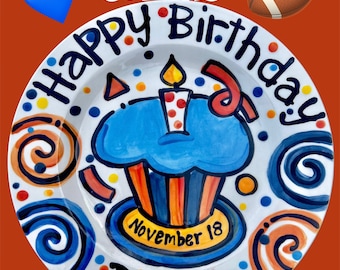Happy Birthday custom handmade cupcake with candle personalized Plate ceramic plate 7" or 10"