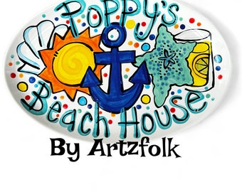 Handmade Custom art ceramic oval beach house bbq platter personalized gift by artzfolk