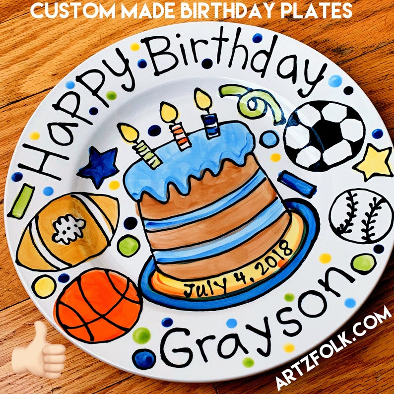 Super sports fanatic birthday cake plate two sizes to choose from handmade ceramic by Artzfolk