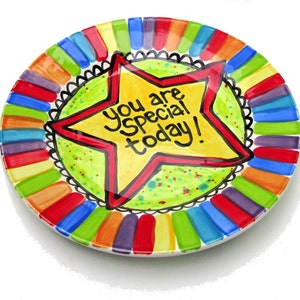Custom handmade You are Special Today Plate Personalized ceramic rainbow dish by Artzfolk primary colors