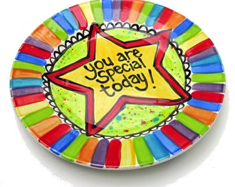 Custom handmade You are Special Today Plate Personalized ceramic rainbow dish by Artzfolk