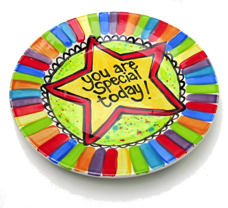 Custom handmade You are Special Today Plate Personalized ceramic rainbow dish by Artzfolk primary colors