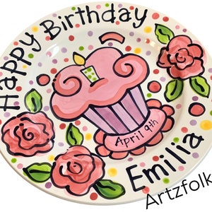 Small or Large handmade ceramic Celebrate happy birthday roses Party plate personalized name cupcake image 6