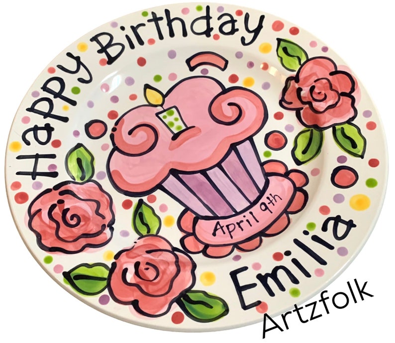 Small or Large handmade ceramic Celebrate happy birthday roses Party plate personalized name cupcake image 6