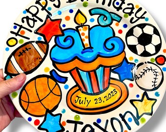 Handmade Personalized Birthday Plate: Sports Theme Cupcake Plate