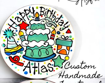 Big Celebrate everything ceramic birthday cake plate by Artzfolk