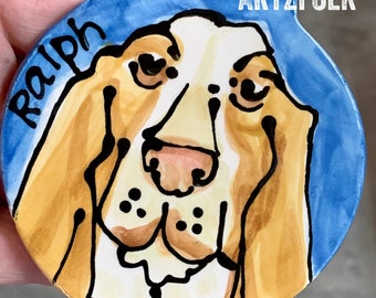 Custom dog or cat portrait handmade pottery ornament from a photo of your pet by Artzfolk