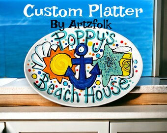 Handmade Custom art ceramic oval beach house bbq platter personalized gift by artzfolk