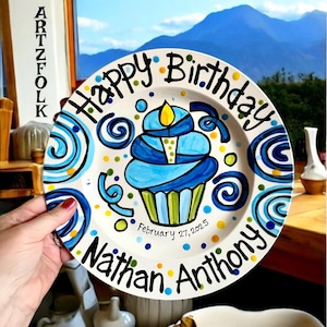 Happy Birthday cheer candle blue cupcake personalized Plate custom ceramic by Artzfolk