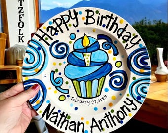 Happy Birthday cheer candle blue cupcake personalized Plate custom ceramic by Artzfolk