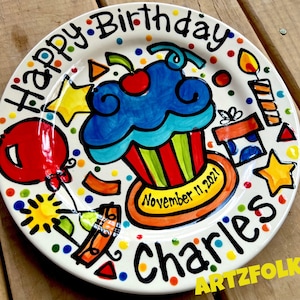 Handmade ceramic Birthday Cake Plate Personalized birthday theme cupcake by Artzfolk