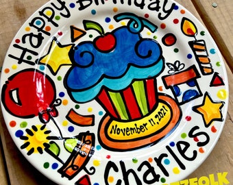 Handmade ceramic Birthday Cake Plate Personalized birthday theme cupcake by Artzfolk