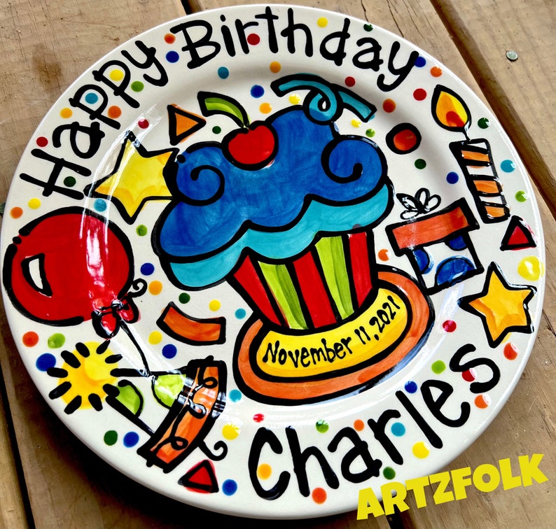 Handmade ceramic Birthday Cake Plate Personalized birthday theme cupcake by Artzfolk image 1