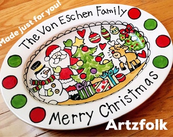 Polka Dot Custom traditions family name Christmas oval ceramic platter holiday scene handmade - Artzfolk