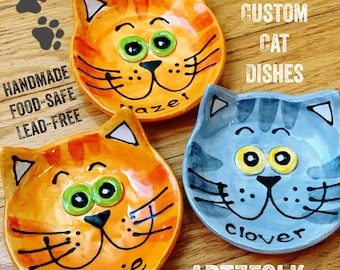 Personalized Small 4" cat dish handmade pottery by artzfolk gift cat bowl cat lover calico black white gray tabby cat face by Artzfolk