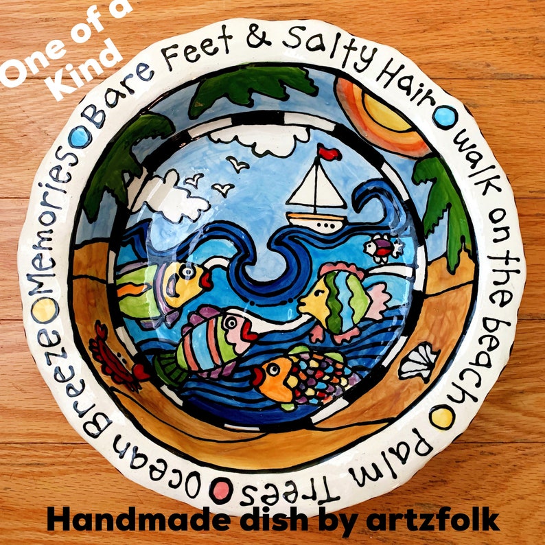 Beach theme one of a kind pottery serving dish original painting sailboat fish ocean by Artzfolk
