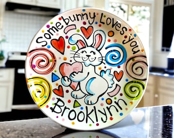 Celebrate a birthday,new baby custom handmade personalized Artzfolk bunny rabbit plate