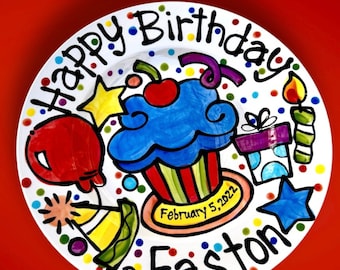 Handmade colorful custom ceramic Birthday Cake Plate Personalized party theme cupcake by Artzfolk
