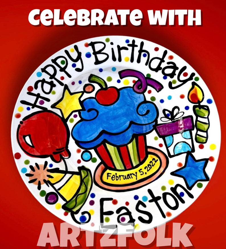 Handmade colorful custom ceramic Birthday Cake Plate Personalized party theme cupcake by Artzfolk image 1