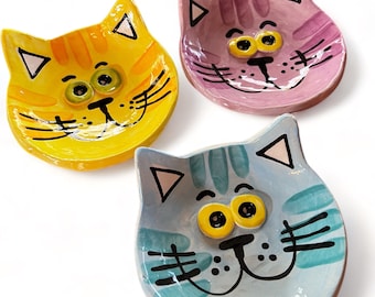 Small colorful custom cat dish handmade pottery by artzfolk