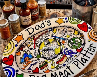 Custom designed family portrait ceramic platter with rim images by Artzfolk