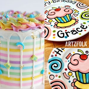 Small or Large Ceramic Personalized Birthday Plate confetti party swirls and cupcake handmade by Artzfolk image 2