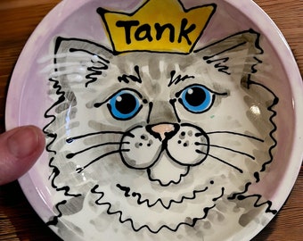 Custom small Ceramic Personalized Queen Kitty Cat Dish Bowl portrait by Artzfolk handmade pottery