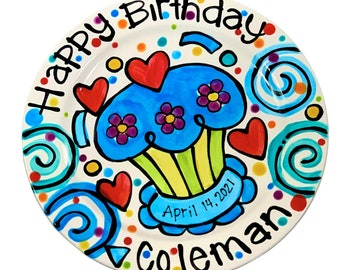 Personalised Birthday Plate confetti party swirls and flowers cupcake handmade by Artzfolk 7" or 10"