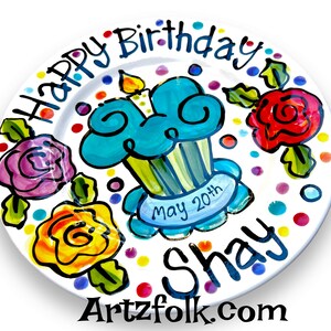 Small or Large handmade ceramic Celebrate happy birthday roses Party plate personalized name cupcake image 4