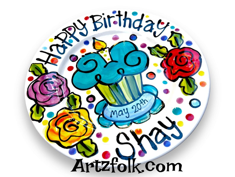 Small or Large handmade ceramic Celebrate happy birthday roses Party plate personalized name cupcake image 4