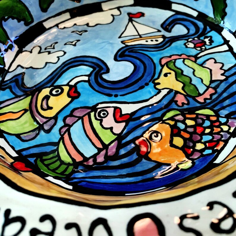 Beach theme one of a kind pottery serving dish original painting sailboat fish ocean by Artzfolk