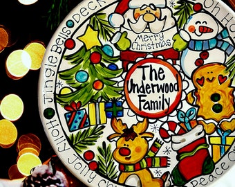 Christmas Large custom handmade Family Platter Personalized Holiday style personalized story art by Artzfolk