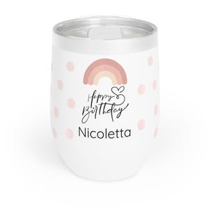 Personalized Happy Birthday Wine Tumbler, Rainbow and Polka Dots, Gift for Her, Custom Wine Glass, Insulated Cup, Party Favor, Kids Cup