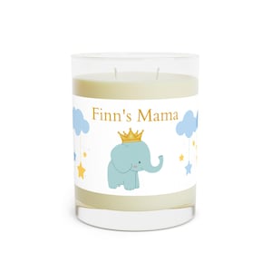 Duftende Sojakerze - 11 oz. Personalisierbarer Elefant, Goldkrone, Babywolke mit Sternen - Geschenk für Babyparty, Muttertag, Geburtstag - Glas
