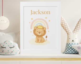 Lion Nursery Art Baby Room Wall Decor Safari Animal Print Framed Picture Custom Name Gift Boy Jungle Decoration Crown Artwork Rainbow Shower
