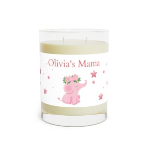 Duftende Sojakerze - 11 oz. Personalisierbarer rosa Elefant mit Blumenkette und Sternen - Babyparty, Muttertag, Geburtstagsgeschenk, Glaskerze