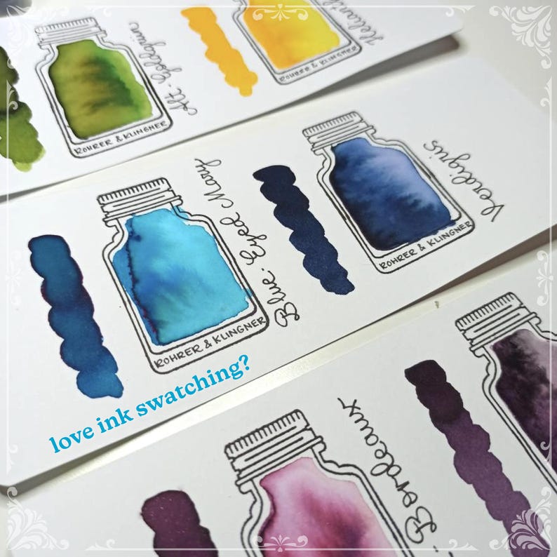 May include: Ink swatches on white cards, featuring various colors like blue, yellow, and green. Each swatch is accompanied by a drawing of an ink bottle and the ink's name. The text "love ink swatching?" is visible.