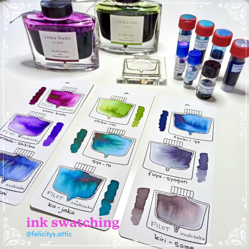 May include: An assortment of colorful fountain pen inks and ink swatches. The image features bottles of ink, ink samples, and the text "ink swatching". The ink colors include purple, green, blue, and brown.