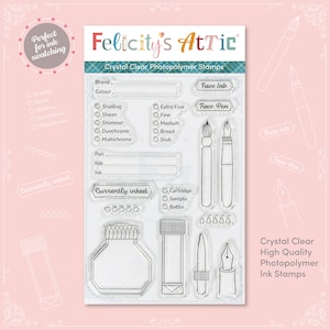 Op de afbeelding: Transparante fotopolymeer inktstempels van Felicity's Attic. De set bevat stempels van een pen, penseel, inktfles en andere kantoorbenodigdheden. De tekst op de verpakking luidt "Crystal Clear High Quality Photopolymer Ink Stamps".