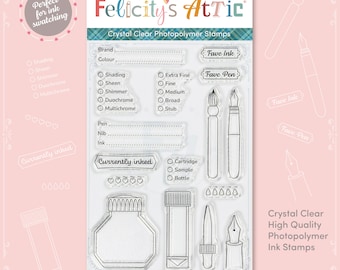 Ink Swatching Stamp Set with Ink Bottles and Fountain Pens