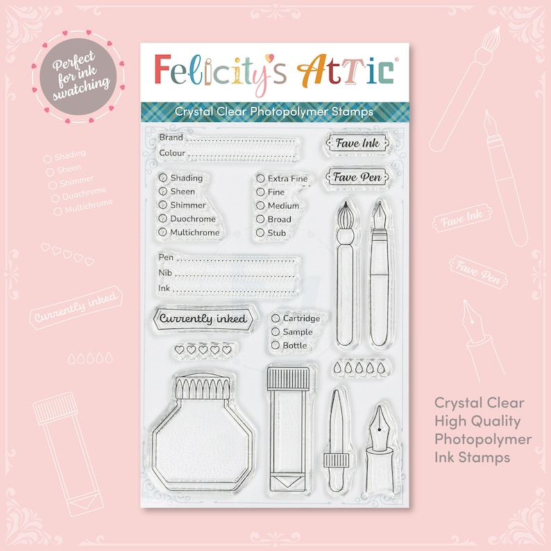 May include: Clear photopolymer ink stamps from Felicity's Attic. The set includes stamps of a pen, brush, ink bottle, and other stationery-related designs. The text on the packaging reads "Crystal Clear High Quality Photopolymer Ink Stamps."