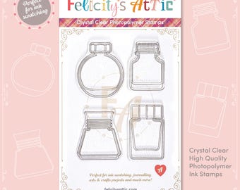 Ink Bottle Stamps: Clear Stamp Set for Journaling, Fountain Pen Ink Colour Swatching