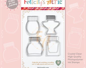 Ink bottle shaped clear stamps for fountain pen ink swatching, transparent stamp set for ink colour swatch, ink testing, crafts, journaling