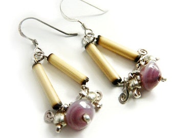 Andean Tribal Earrings - Sterling Silver & Bamboo / Lavender