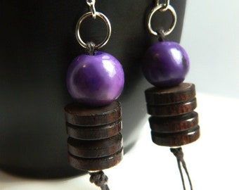 Sterling Silver Acai & Wood Earrings / Purple