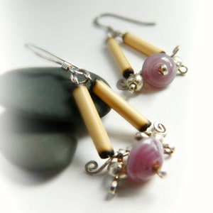 Andean Tribal Earrings Sterling Silver & Bamboo / Lavender image 2
