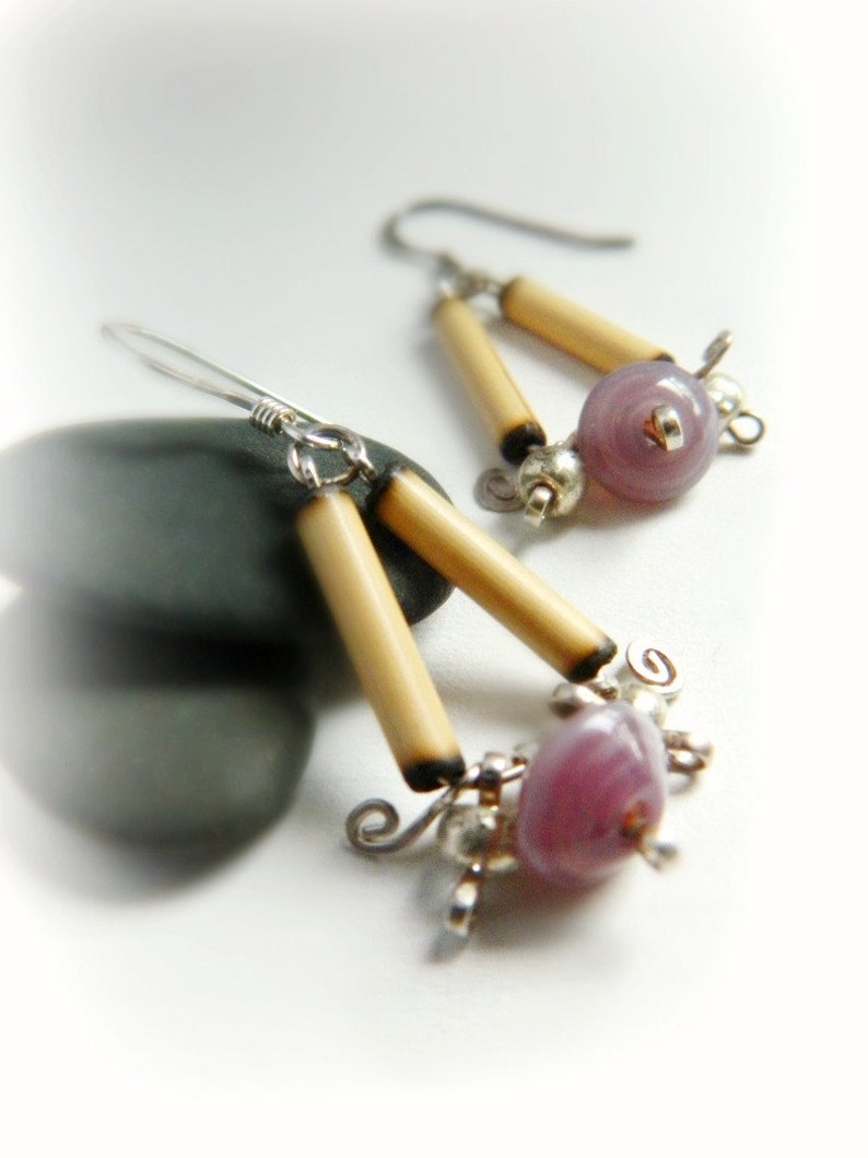 Andean Tribal Earrings Sterling Silver & Bamboo / Lavender image 2