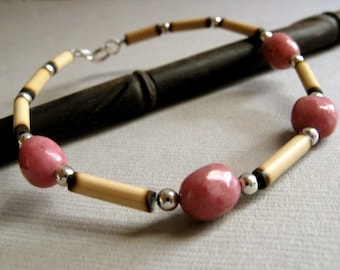 Andean Pink Bracelet - Rhodonite, Wood and Sterling Silver