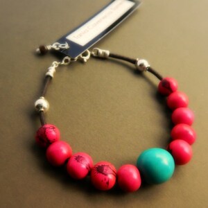 Acai Seed & Sterling Silver Bracelet berry red / aqua image 3