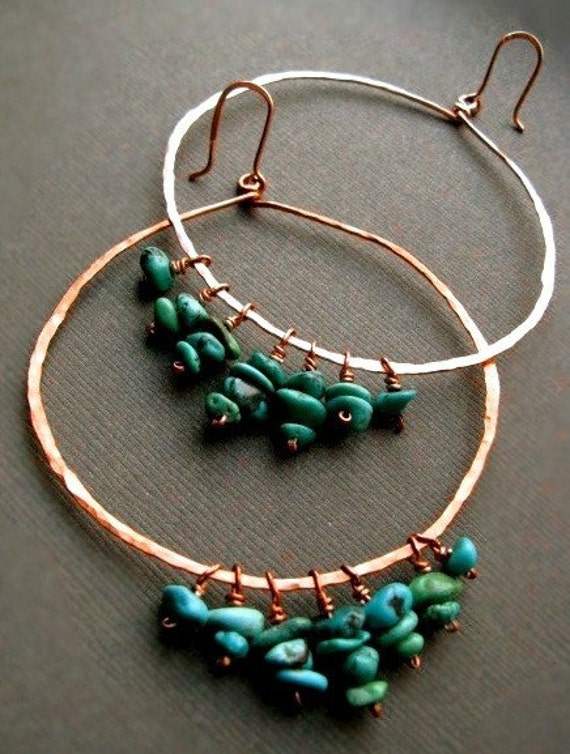 Items similar to Copper Hoop Earrings Turquoise Handmade